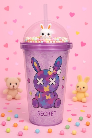 Sevimli Bunny Tavşan Figürlü Renkli Boncuklu Kristal Efektli Tasarım Pipetli Bardak Suluk Mor 2087 Çok Renkli