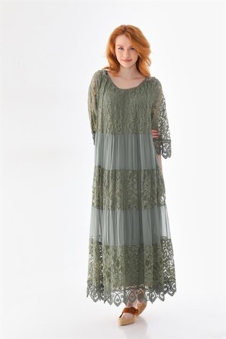 Eren Style İtalyan Sunshine İpek Detaylı Dantelli Elbise-9033 Haki