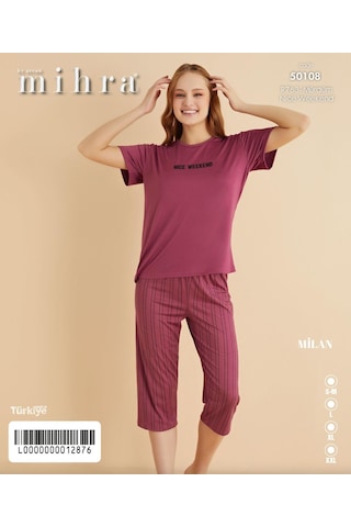 Mihra Kadın Bisiklet Yaka Milan Likralı Kapri Kısa Kol Pijama Takımı 50108m - 1 Adet Mürdüm