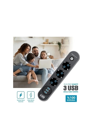 Akım Korumalı Isıya Dayanaklı 3x Grup Priz Ve 3x Usb Şarj Çıkışı 2 M