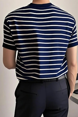 Tarz Cool Erkek Kısa Kollu Fitilli Akrilik-pamuk Karışımlı Triko T-shirt Lacivert