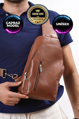 Unisex Taba Hakiki Deri Çapraz Badybag Omuz Ve Göğüs Çantası Usb Çıkışlı Taba