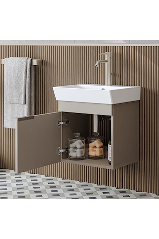 Likya Ayaksız Tek Kapaklı Lavabolu 49 Cm Banyo Dolabı Alt, Mini Lavabolu Alt Banyo Dolabı Kumtaşı