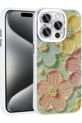 Apple Uyumlu iPhone 15 Pro Kılıf Çiçek Desenli Parlak Taşlı Sert Silikon Zore Garden Kapak Colorful