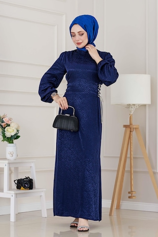 Buse Yanı Bağcıklı Saten Abiye-lacivert-4998