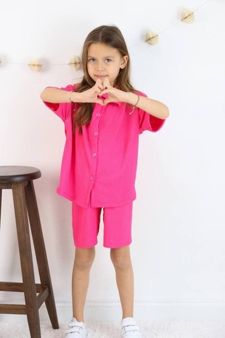 Gömlek Oversize Kız Şort Takım Canlı Fuşya