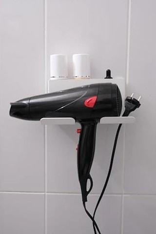 Beyaz Metal Yapışkanlı Saç Kurutma Askısı, Banyo Düzenleyici Organizer 50cm