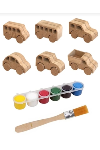 Ahşap Oyuncak 6 Araba Seti 6 Boya Seti Ve Fırça Hediyeli