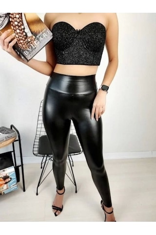 Mary Lüx Vogsing 575 Deri Yüksek Bel Tayt Siyah