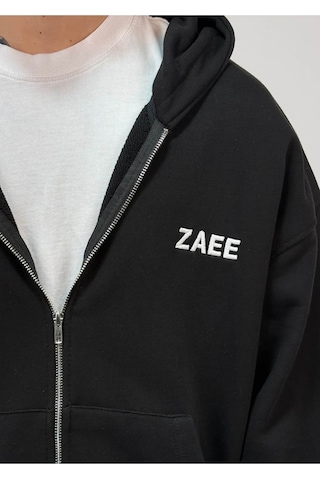 Zaee İnce Kumaş Nakışlı Oversize Premium Zip Hoodie siyah