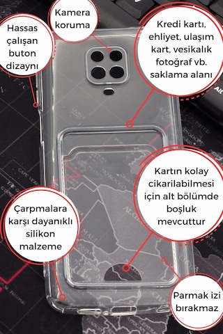 Xiaomi Redmi Note 9 Pro Uyumlu Kredi Kartlıklı Şeffaf Kılıf Kamera Korumalı