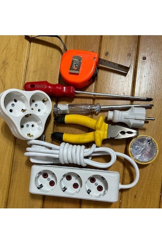 Sermer Pazarlama 8 Parça Birden 2 Metre Üçlü 1 Adet Golyat Pense Kontrol Kalemi Yıldız Tornavida 5 Metrelik Metre Fiş 2 M