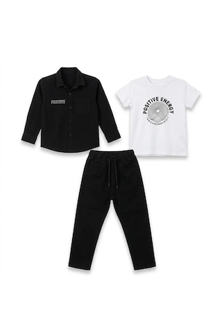 %100 Pamuk Bayramlık Erkek Çocuk Kombin Takım Gömlek, Baskılı Tişört Ve Pantalon 3 Lü Şık Set Siyah