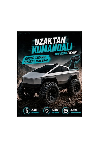 Tesla Cybertruck Görünümlü 1:18 Ölçü Uzaktan Kumandalı Pickup Araba Darbeye Dayanıklı Hafif Kasa - Işıklı - Şarj Edilebilir Pilli - 20x15cm Gri