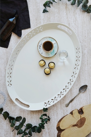 Oval Metal Servis Ve Sunum Tepsisi, Büyük Tepsi, Çay Kahve Tepsisi Krem