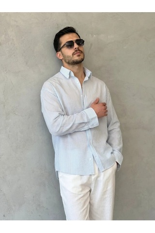 Valensdesign Erkek İnce Çizgili Gofre Kumaş Rahat Kalıp Gömlek Buz Mavi