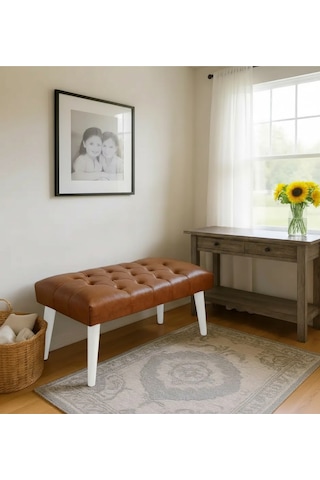 Waterybrook Bench Bank Puf - Suni Deri - Beyaz Ahşap Ayaklı - Retro Modern Tasarım & Dekoratif Sehpa Taba Kahve