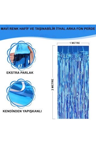 Mavi Renk Ekstra Metalize Parlak Saçaklı Arka Fon Perde İthal A Kalite 1x2 Metre Stantart