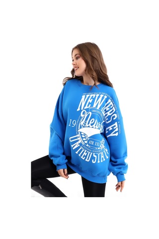 Winmoda34 Oversize Bisiklet Yaka 3 Iplik Şardonlu Kadın Sweatshirt New Jersey Mavi