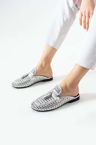 Dericia Shoes Fable Hakiki Deri Günlük Rahat Kadın Terlik Gümüş