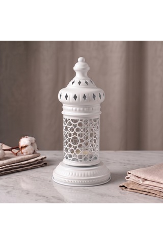 Beyaz Geometrik Metal Fener Selçuklu Yıldızı Çay Feneği Tutucu Minimalist Fas Mum Dekorasyonu