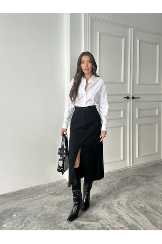 Kadın Ucu Kesik Ön Yırtmaç Kot Etek Si Yah