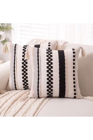 Vkemall 2'li Bohem Desenli Yorgan Kılıfı 18x18 İnç, Siyah, Çift Taraflı, Gizli Fermuar, El Yapımı Tassel, Koltuk Yastık Kılıfı Siyah