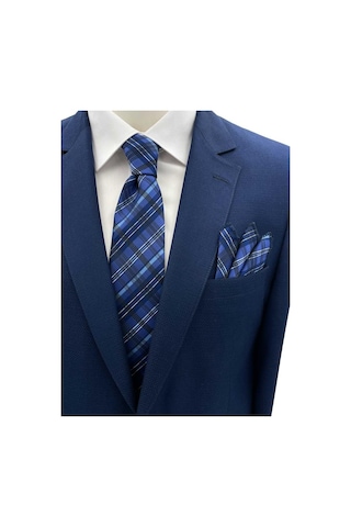 Brianze Mavi - Beyaz Ekose Desen Kravat Mendil Set Mavi