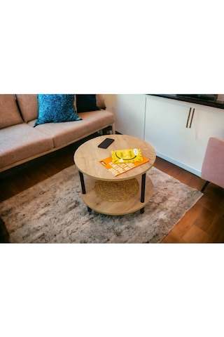 Yüksek Kalite Orta Sehpa 2 Raflı Ahşap Ayaklı Yuvarlak Gazetelikli Dekoratif Lüks Sehpa Safir Meşe