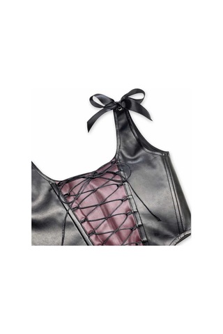 L'aura Corset Siyah Bordo Çapraz Bağlamalı Deri Korse Büstiyer