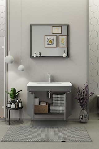 Biani Fix Arya 85 Cm Banyo Dolabı,Seramik Lavabolu, Aynalı,Lavabo Dahil,Mdf,Mat Gri