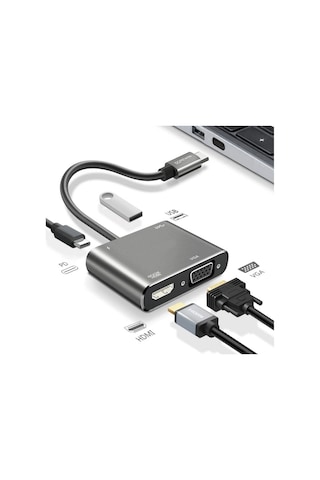 4 Ü 1 Arada Type-c To Hub Dönüştürücü Adaptör 4k Ultra Hd Hdmı & Vga Görüntü Aktarımı, Pd Hızlı Şa