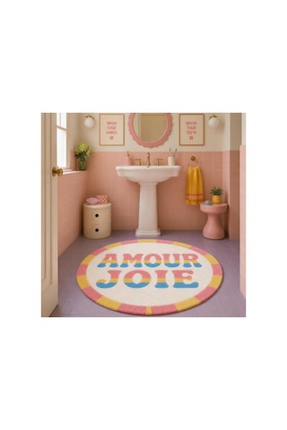 "aura" Serisi - Amour Joie Yazılı Retro Yuvarlak Krem Pembe Sarı Pastel Dokuma Taban Dekoratif Halı Aura27 Çok Renkli