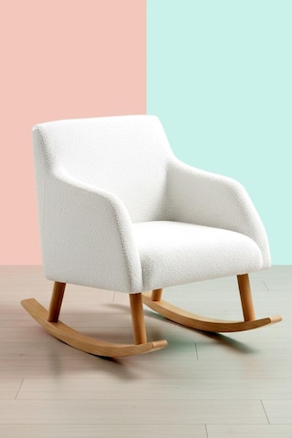 Loop Sallanan Sandalye Ve Puf Seti Ekru Teddy Kumaş Ahşap Ayaklı Berjer - Sallanan Koltuk Puf Beyaz