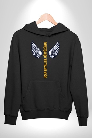 Uçan Hayaller Gökyüzünde Melek Kanatları Kadın Erkek Siyah Kapüşonlu Sweatshirt Hoodie Siyah