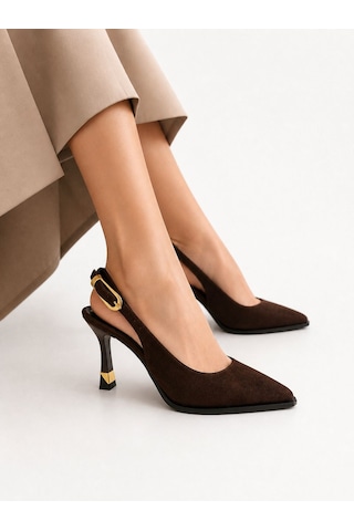 Papucumun Dünyası Siyah Slingback Sivri Burun Topukta Gold Metal Detaylı Ayarlanabilir Arka Tokalı Stiletto Kahverengi