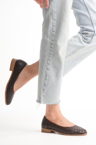 Analin Shoes Kadın Hakiki Deri Örgü Detaylı Babet Kahve