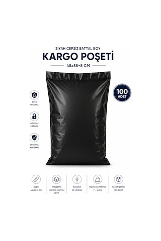 Siyah Cepsiz Battal Boy Kargo Poşeti 45x55+5 Cm 100 Adet