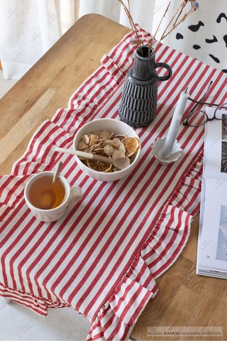 Kırmızı Çizgili 40x125 Cm Vintage Fırfırlı %100 Keten Pamuklu Amerikan Runner Bej