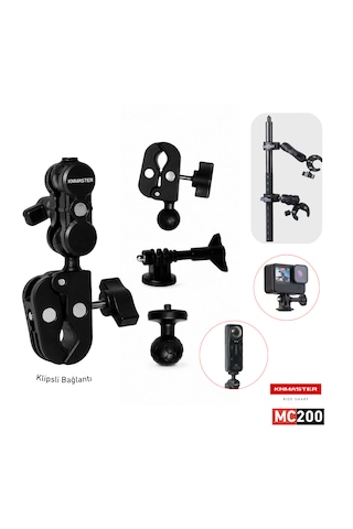 Knmaster Mc-200 360 Ayarlanabilir Motosiklet Çift Yengeç Kelepçeli Double Clamp Aksiyon Kamera Destek Aparatı 17 Cm