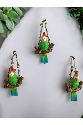 3 Adet Dekoratif Sallanan Duvar Ve Bahçe Süsü Kuş Biblo Yeşil
