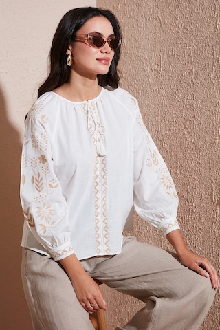 Lela Pamuklu Regular Fit Balon Kol Nakış Işlemeli Bayan Bluz 6110936 Ekru-Taş