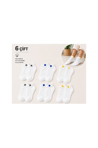 Worthy Socks 6'lı Unisex Lastik Kare Desenli Beyaz Patik Bilek Çorap Seti