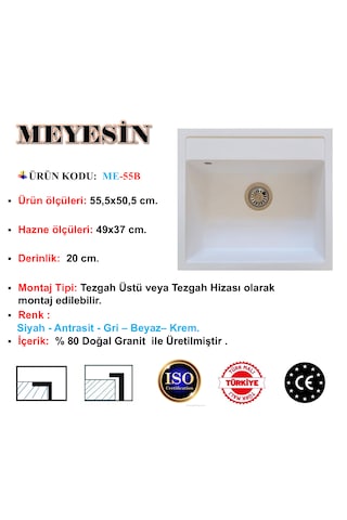 Meyesin ME-55B Granit Tek Göz Mutfak Evyesi Beyaz 50 x 55 CM