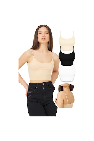 Cottonhill Ayarlanabilir İnce Askılı Lazer Kesim Crop Büstiyer 3'lü Paket-3 Renkli-7