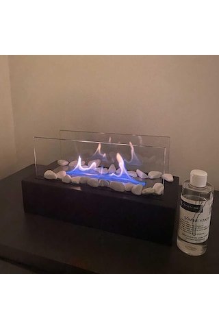 Reyo Faralya Metal Siyah Bioethanol Masaüstü Şömine Sertifikalı Yakıt Ve Taş Hediyeli