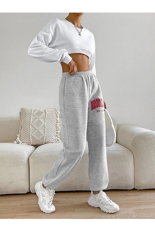Kadın Gri Brooklyn Baskılı Lastik Paça Eşofman Altı Jogger 2 Iplik Şardonsuz Gri