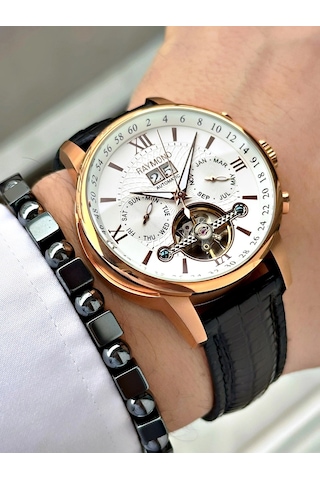 Raymond Özel Seri Otomatik Diplomat Klipsli Deri Kordon Erkek Saati Rose Gold