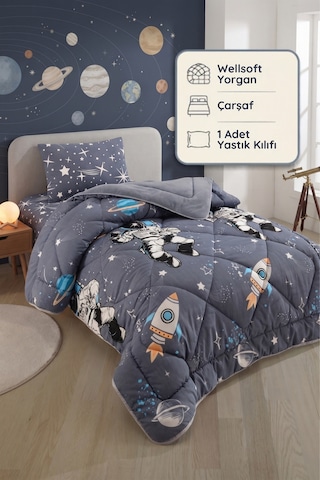 Formeya Tek Kişilik Çarşaflı Astronot Desenli Çift Taraflı Wellsoft Uyku Seti