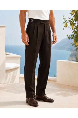 Danger Erkek Viskon Karışımlı Yan Tokalı Pileli Baggy Pantolon Kahverengi 0171dngr